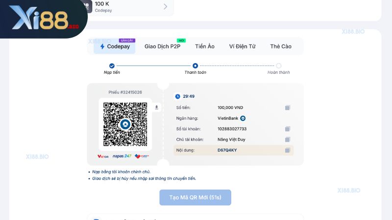 Nạp tiền Xi88 qua ngân hàng